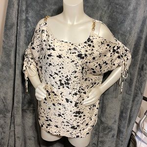 Off the shoulder, black and white blouse